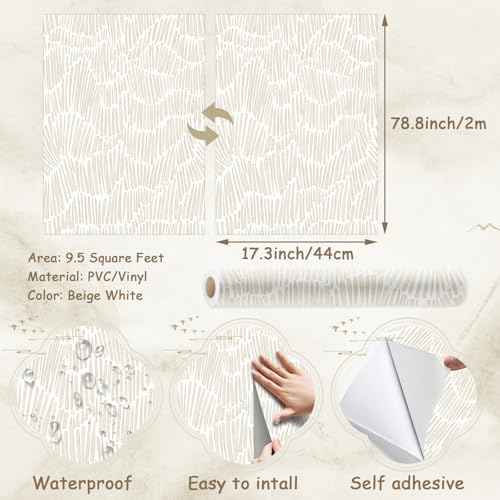 Beige Wallpaper 17.3"¡¿78.8" Modern Striped Peel and Stick Wallpaper Boho Removable Self Adhesive Wall Paper for Bedroom Waterproof White and Gold Contact Paper for Cabinets Vinyl