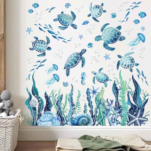 Ocean Sea Turtle Wall Stickers - Under The Sea Marine Theme Seaweed Grass Wall Decals - Baby Nursery Kids Bedroom Daycare Bathroom Wall Decor Stickers
