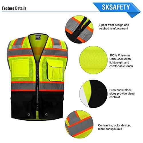 SKSAFETY 10 Pockets Professional level Safety Vest, Class 2 High Visibility Security Vest with Zipper, Hi Vis Vest with Reflective Strips, ANSI/ISEA Standard, Construction Work Vest£¨Lime Black, 3XL£©