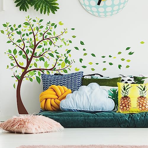 Green Tree Wall Decals Flying Leaves Wall Stickers Green Leaves Wall Decor for Bedroom Nursery Living Room Home Wall Decor (Green-Tree)