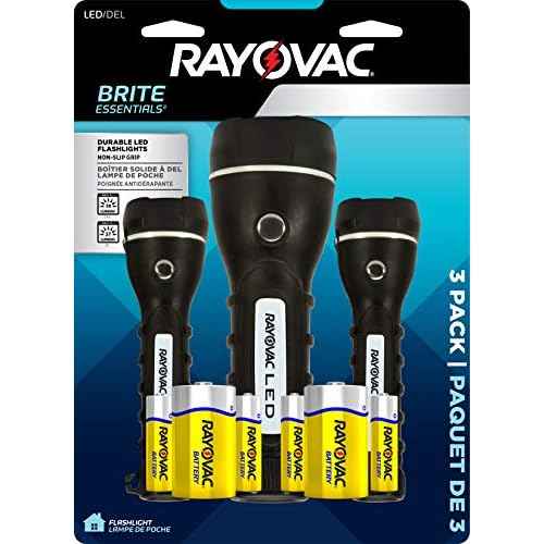 Rayovac LED Flashlight 3 Pack, Rubber Grip Flash Light Set with Batteries Included - Perfect for Power Outages, Emergency Situations, Camping, Hiking, Dog Walking (3 Pack)