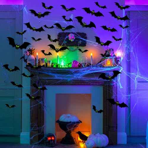 132 Pcs Halloween Bats Wall Decor With Glow in The Dark Eyes - Large 3D Bat Stickers and Decals for Indoor Party Decorations - PVC Black Bats