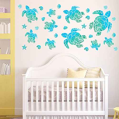 Outus 46 Pieces Sea Turtle Wall Decals Ocean Turtle Vinyl Stickers Underwater Bathroom Decals Starfish Shell Wall Sticker Waterproof Ocean Sticker Decoration for Home Office Nursery Bathroom Toilet