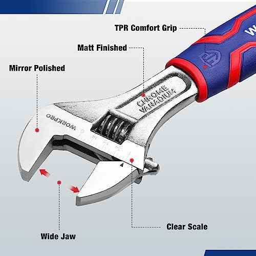 WORKPRO 8-inch Adjustable Wrench, Wide Jaw Opening Wrench with Rubber Anti-slip grip, Metric/SAE Scales, Premium Cr-V Steel, Chrome Plated