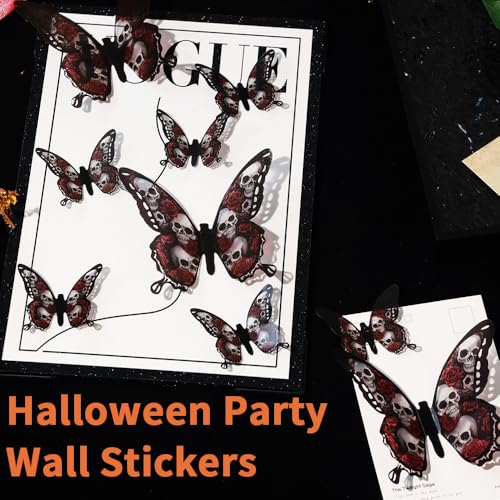 Halloween Wall Stickers 24 Pcs 3D Butterfly Wall Decals Gothic Black Red Butterfly Wall Decor Halloween Party Supplies for Bedroom Room Door Window Fireplace Decoration, Skull Style