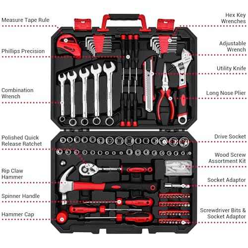 DEKOPRO Tool Set:158 Piece Home Tool Kit, Household Basic Repair Tool Set Comes with Plastic Storage Case-Red