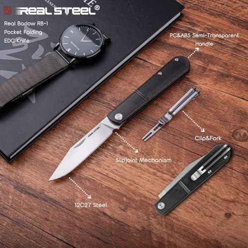 REALSTEEL Real Barlow RB-1 Pocket Knife,Folding Knives,Detachable Fork Clip,2.87" 12C27 Steel Satin Blade,1.5oz,Slipjoint,Nail Nick,EDC Indoor,Daily Use,Gift for Men Women(Black Clip Point)