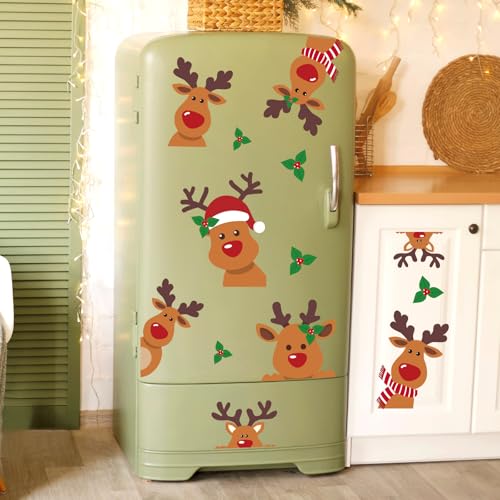 Christmas Wall Stickers Cute Reindeer Wall Decals Large Room Mural Stickers for Xmas Home Party Decor, 9.8 x 13.8 Inch, 4 Sheets