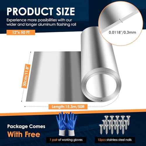 Aluminum Flashing Roll Roof Flashing ? 12 Inch x 50 Ft | 0.3mm Thick Metal Roof Flashing for Windows, Doors, Siding, and Roofing Seals, Aluminum Roof Panels Preventing Roofing Stains and Moss