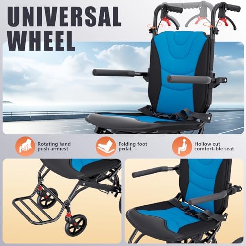 Lightweight Foldable Transport Wheelchair for Adults & Seniors - 12” All Terrain Wheel, Double Handbrake, Holds 220 LBS, Portable for Travel & Daily Use Chairs