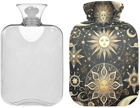 Sun Moon and Stars Hot Water Bottle with Velvet Cover Hot Water Bag for Neck and Shoulder Pain Relief, 1 Liters