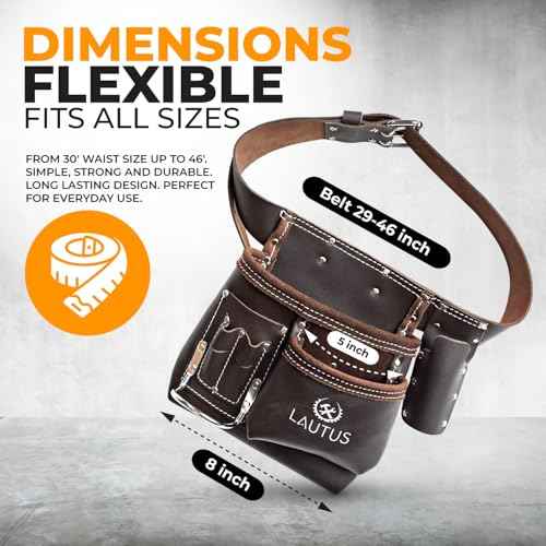LAUTUS 5 Pocket Oil Tanned Leather Tool Belt - Multifunctional Tool Pouch/Bag/Apron Carpenter, Construction, Framers, Handyman, Electrician | 30-Inch to 46-Inch | Brown| Hammer Holder| Built Tough|