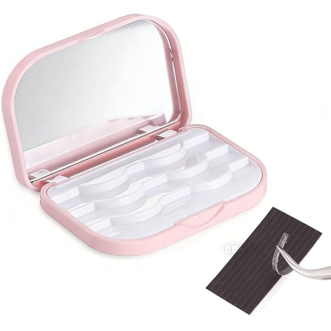 Cosmetic Case Empty Eyelashes Storage Case with Makeup Mirror Holder Box Fake Eyelash Packing Travel Storage Case Eyelashes Bag(Light Pink)
