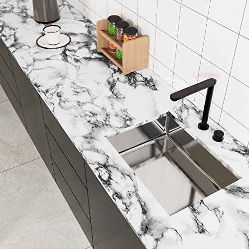 White Black Marble Wallpaper Peel and Stick 15.8'' x78.7'' Marble Contact Paper Countertop Peel and Stick Waterproof Self Adhesive Removable Wall Paper Cabinet Covering for Kitchen Home D?cor