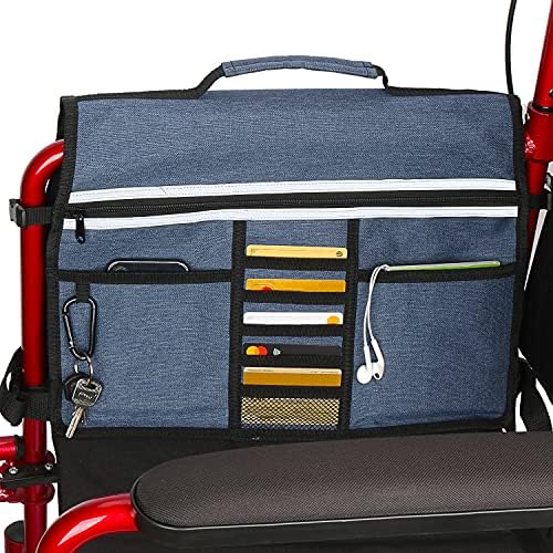 Wheelchair Storage Bag, Double-Sided Armrest Pouch with Cup Holder and Reflective Strip, for Wheelchairs and Walkers (Blue)