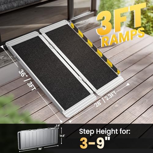 3 Feet Portable Wheelchair Ramp, 600 LBS Capacity Folding Aluminum Threshold Ramp with Anti-Slip Surface, Mobility Access Handicap Ramp for Home Steps, Doorway, Stairs, Doorways, Scooter