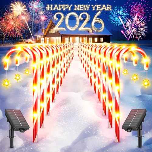 24 Pack Christmas Decorations Outdoor Solar Candy Cane Lights, Solar Christmas Pathway Lights with USB Charge, 10 Modes 144 LEDs Waterproof Outdoor Christmas Decorations for Yard Garden Pathway