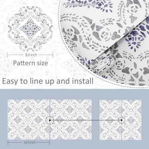 Peel and Stick Wallpaper Blue Boho Wallpaper for Bathroom Contact Paper Blue Self Adhesive Wall Paper Peel and Stick Vintage Removable Kitchen Backsplash Waterproof Vinyl 16.9in x 118.1in
