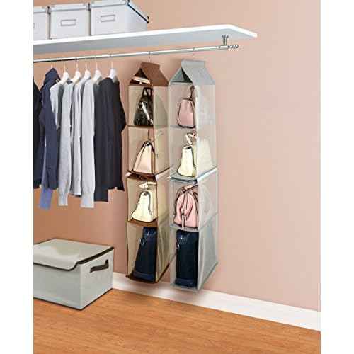 Detachable 4 Compartment Pouch Hanging Handbag Organizer Clear Purse Bag Storage Holder Wardrobe Closet Space Saving Organizers System for Living Room Bedroom(Pack of 2 Brown)
