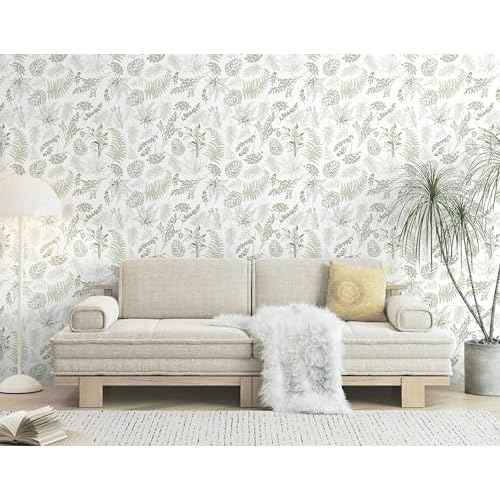 Wallpaper Peel and Stick White and Green Leaf Floral Contact Paper for Bedroom Kitchen Cabinet Drawers Renter Friendly Removable Self-Adhesive Waterproof Boho Stripe Mural Vinyl 17.3"x118"