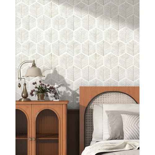 Modern Peel and Stick Wallpaper 17.3''¡¿591'' Self Adhesive Wallpaper Boho Contact Paper Beige and White Geometric Wall Paper Removable Decorative Wallpapers for Bedroom Bathroom Cabinets Decor Vinyl