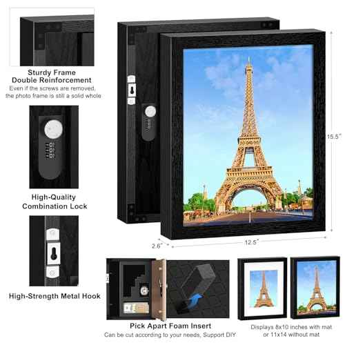 Hidden Safe with Lock, Wooden Picture Frame Diversion Safe, Large Hidden Money Safe with Customizable Foam, Hidden Compartment, Secret Decor Concealment Furniture, 11 x 14 inchs, Black