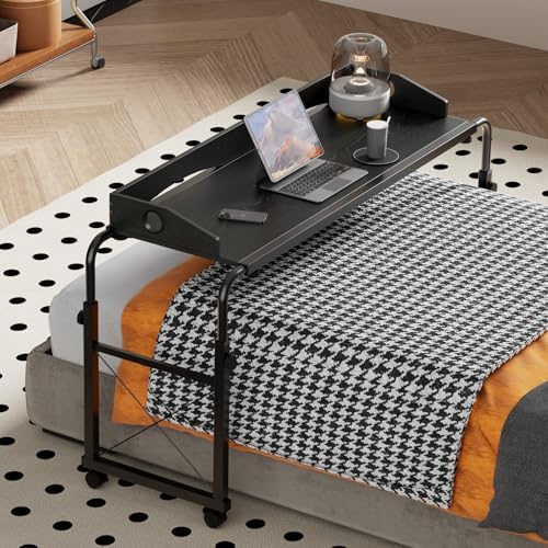 Overbed Table with Wheels, Overbed Desk with Adjustable Length and Height, Rolling Over Bed Desk, King Queen Over The Bed Table on Wheels, Heavy Duty Laptop Table for Hospital and Home (Black, 1.2M)