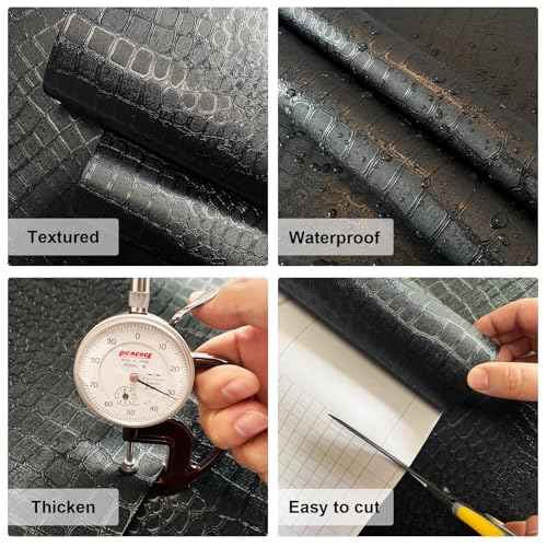 Zeeko Black Peel and Stick Wallpaper 17.3" x 590" Removable Crocodile Wallpaper Embossed Contact Paper Textured Wall Paper for Cabinet Bedroom Bathroom