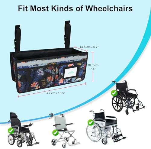 supregear Wheelchair Basket for Back, Large Capacity Wheelchair Backpack Organizer Bag with Multiple Pockets and Cup Holder, Waterproof Storage Pouch for Seniors, Floral Black