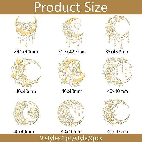 OLYCRAFT 9pcs 1.6x1.6 Inch Gold Metal Stickers Moon Butterfly Metal Stickers Self Adhesive Golden Sticker Mandala Flower Decals for Scrapbooks DIY Resin Crafts Phone Water Bottle Decor
