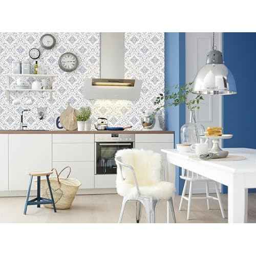 Peel and Stick Wallpaper Blue Boho Wallpaper for Bathroom Contact Paper Blue Self Adhesive Wall Paper Peel and Stick Vintage Removable Kitchen Backsplash Waterproof Vinyl 16.9in x 118.1in