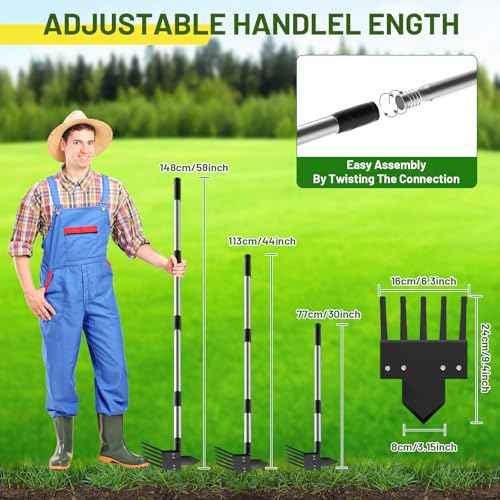 2-in-1 Heavy-Duty Weed Puller Tool with 5-Tine Rake ? 30" to 60" Adjustable Handle, Hoes for Gardening, Hoe Garden Tools for Loosening Soil, Planting, Weeding