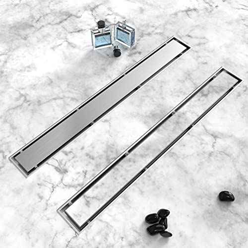 Shower Drain, 2 in 1 Linear Shower Drain 18 Inch(Brushed Nickel), 304 Stainless Steel Shower Floor Drain with Tile Insert Grate,Adjustable Feet,Hair Filter