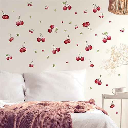6 Sheets 102 Pcs Cherries Wall Stickers, sacinora DIY Cherry Fruit Art Wall Decals Removable Vinyl Peel and Stick for Nursery Living Room Bedroom Children's Room Playroom Furniture Closet Decorations
