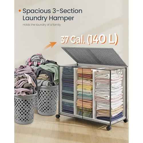 SONGMICS HOME Laundry Hamper with 3 Section, Large 140 L Rolling Laundry Basket with Wheels, Rattan Clothes Basket with Lid, Removable Liner with Handles, Dove Gray and Matte White ULCB602G01