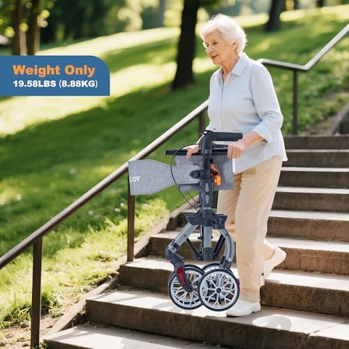 Lightweight Rollator Walker All-Terrain Ultra Compact One-Click Folding with seat and Adjustable Height backrest, 300 lbs Capacity, 8" Wheels for Seniors, Adults, bariatric, Includes Cane Holders