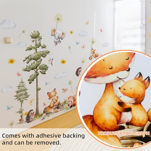 Woodland Animals Large Tree Wall Stickers Bear Fox Elephant Wall Decals Pine Tree Forest Stickers for Baby Nursery Kids Bedroom Living Room Wall Decorations