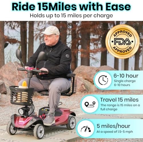 4-Wheel Mobility Scooter for Seniors, Folding Electric Powered Wheelchair, 250W Motor, 15-Mile Range, 5mph Speed, 300 lbs Capacity, All-Terrain, Red, FSA|HSA