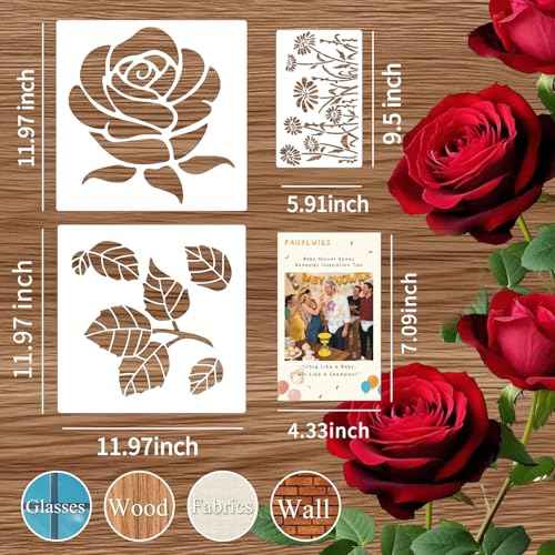 9pcs Large Rose Stencil 12X12Inch - Reusable & Easy Clean Giant Rose Template with Instructions for Walls, Wood, Fence, Fabric & More (Rose)