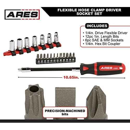 ARES 51021 ? 20-Piece Multipurpose Flexible Screwdriver Set ? 90 Degree Flex Shaft ? Phillips, Slotted, and Tamper Torx Bits and 1/4-Inch Drive Sockets