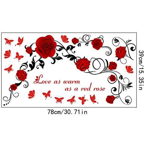 PLIGREAT Rose Flower Vine Butterfly Love Quotes Wall Stickers, Valentine Wall Decal Removable Vinyl Peel and Stick Walls Decals for Bedroom Dining Living Room Home Decorations DIY Walls Art Decor