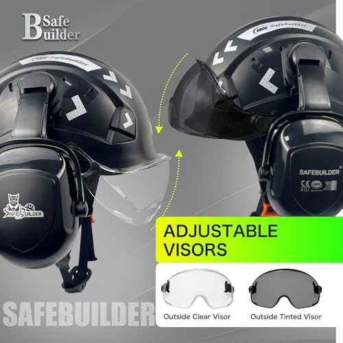 Hard Hat with Visor Ear Muffs Safety Helmet Lightweight Adjustable Vented Work Helmet 6-Point Suspension ANSI Z89.1 Approved Construction Head Protection