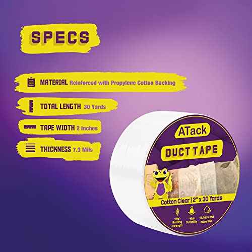 ATack Duct Tape Clear Cotton Textile, 2-Inches x 30 Yards, Easy Tear by Hand Clear Duct Tape for Commercial Use, Heavy-Duty Repair, Packing, Moving, and Outdoor Repair Weatherproof and Cold-Resistant