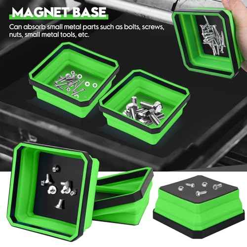 Collapsible Magnetic Parts Tray Set, 4 Pack New Version Magnetic Tool Trays for Screw Bolts Nuts Washers Pins & Small Metal Parts-4.5¡± Square Silicone Bowls with Double Sided Magnetic Base(Green)