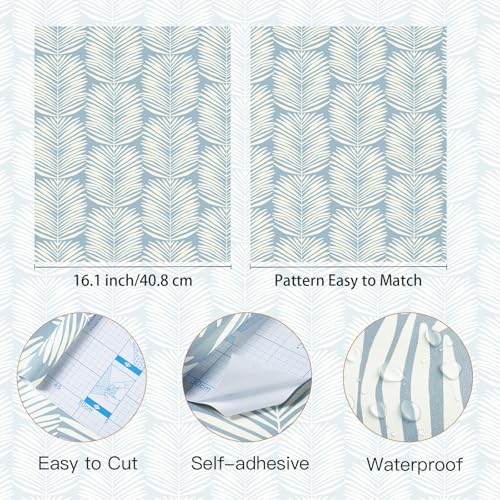 Kitico Peel and Stick Wallpaper Blue Wall Paper Boho Self Adhesive Removable Wallpaper for Bedroom Bathroom Leaf Contact Paper for Cabinets and Drawers Coastal Wallpaper 16.1''x78.7''