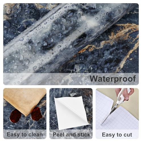 Marble Contact Paper for Countertops Glossy Navy Blue and Gold Marble Wallpaper Peel and Stick Removable Granite Wallpaper for Kitchen Backsplash Bathroom Wall Table Bedroom Terrazzo Ppaper