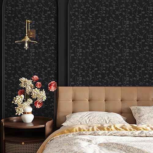 CRE8TIVE Black Wallpaper Peel and Stick Textured Embossed Silk Wallpaper 12"x80" Self Adhesive Black Contact Paper for Cabinets Waterproof Vinyl Roll Branch Leaf Removable Wall Paper for Bathroom Wall