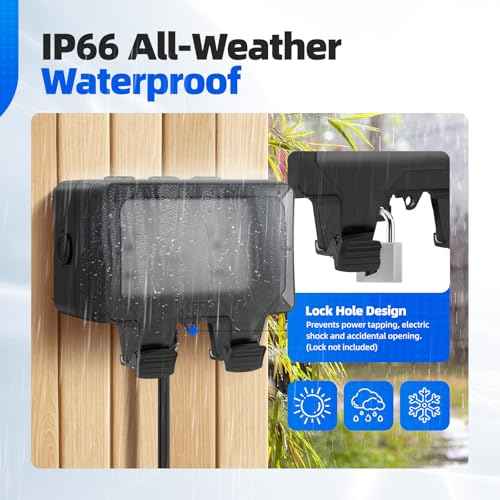 Outdoor Outlet Box with 32.8Ft Extension Cord, NEMA 5-15R, STW 14 AWG,IP66 Waterproof Power Outlet Extender with On/Off Switch & LED Indicator for Garden Yards& Outdoor Activity