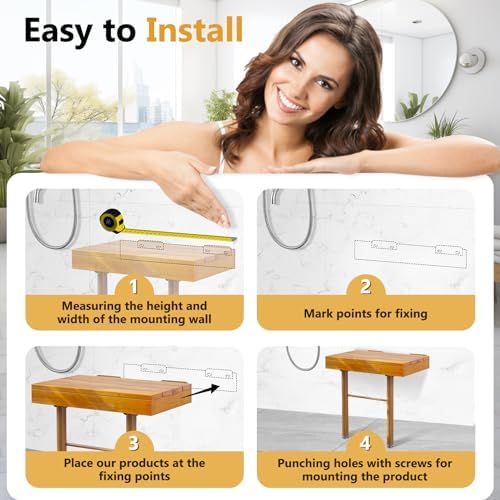 20 Inchs Teak Folding Shower Seat Wall Mounted, Fold Down Shower Seat for Inside Shower, Home Care Folding Teak Shower Seat, Folding Shower Seat with 450 Lb. Weight Capacity (with Support)