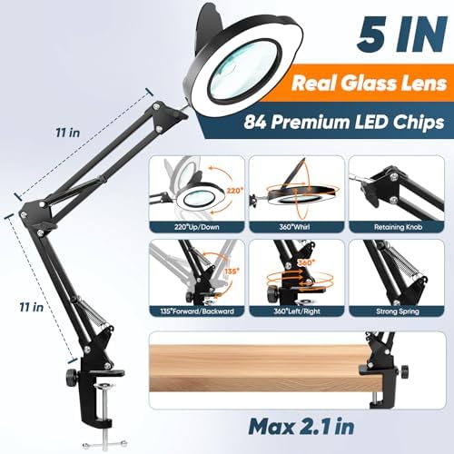 15X 10X Magnifying Glass with Light and Clamp, 5-inch Lighted Magnifier with Dust Cover, 84 LED 5 Color Modes Stepless Dimmable Hands-Free Magnifying Glass Desk Lamp for Reading Craft Hobby Close Work